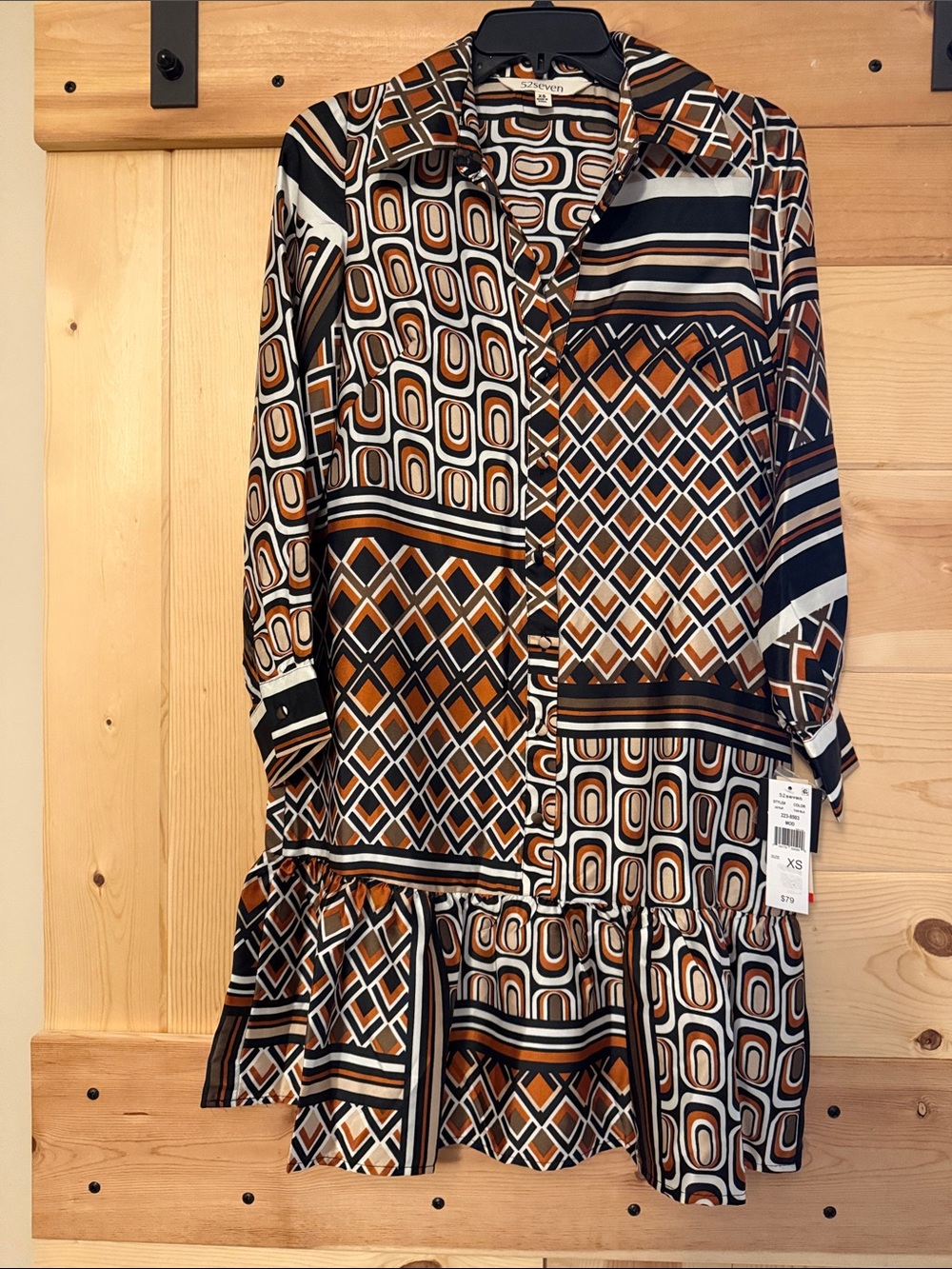 52SevenBlack, Brown & Cream Geometric Long-Sleeve Dress